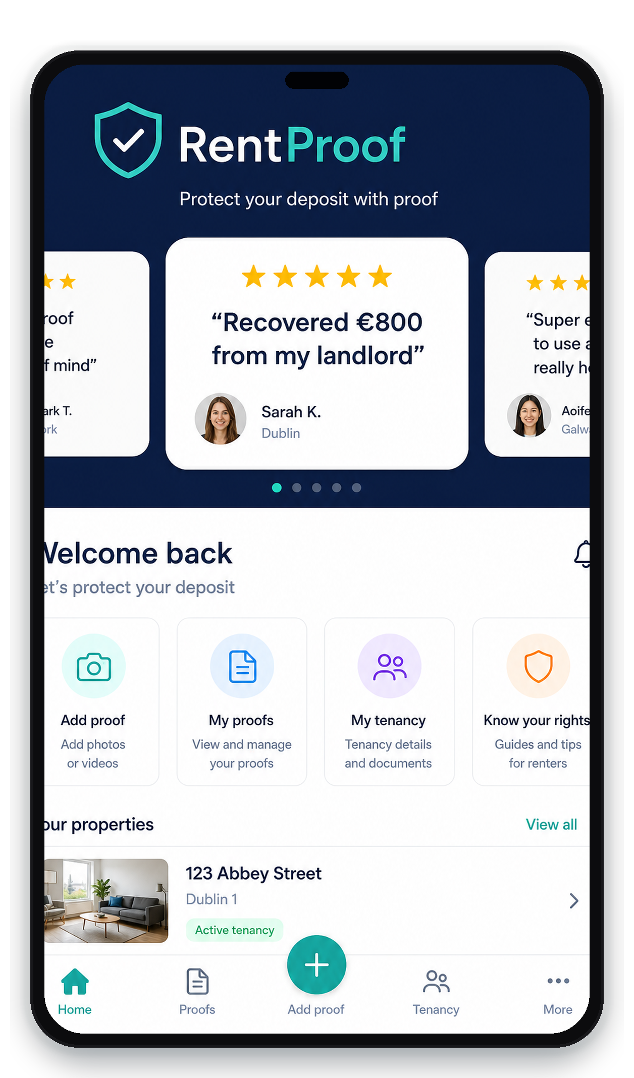 RentProof home screen showing properties and deposit protection