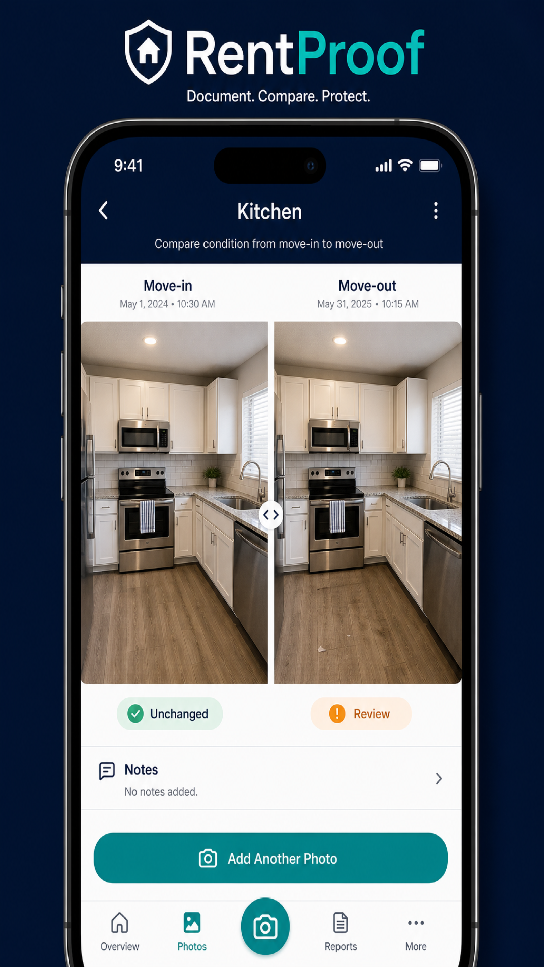 RentProof move-in vs move-out comparison screen